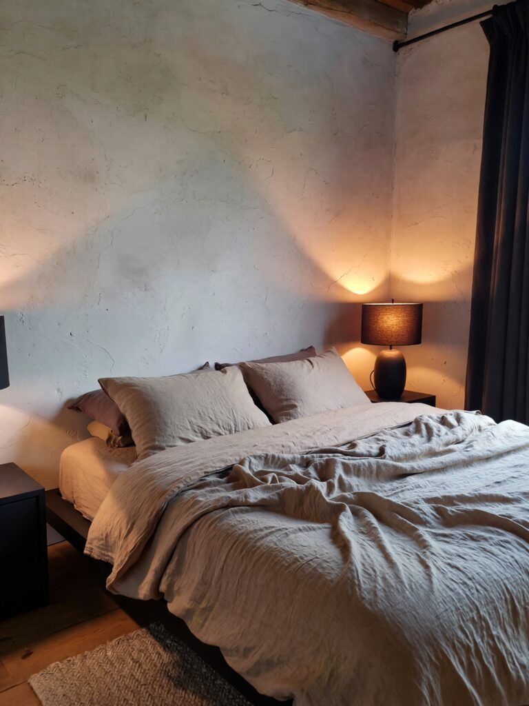 Neutral bedroom color palette with warm tones and minimal decor