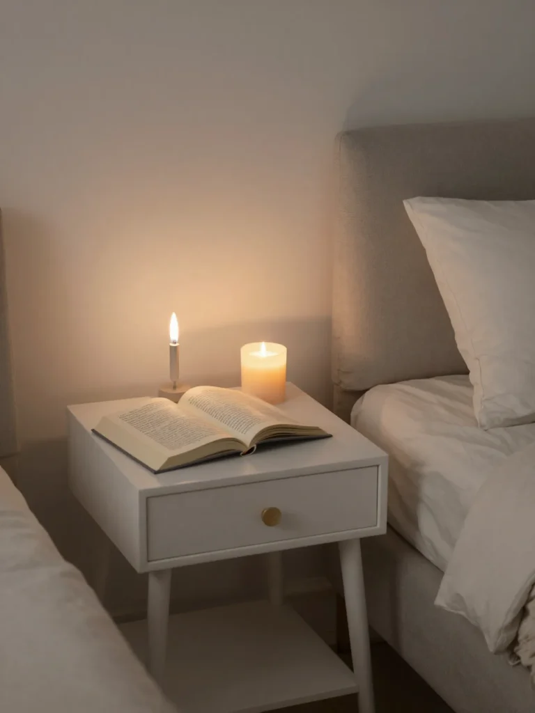 Small romantic bedroom corner styled with soft light and minimal decor