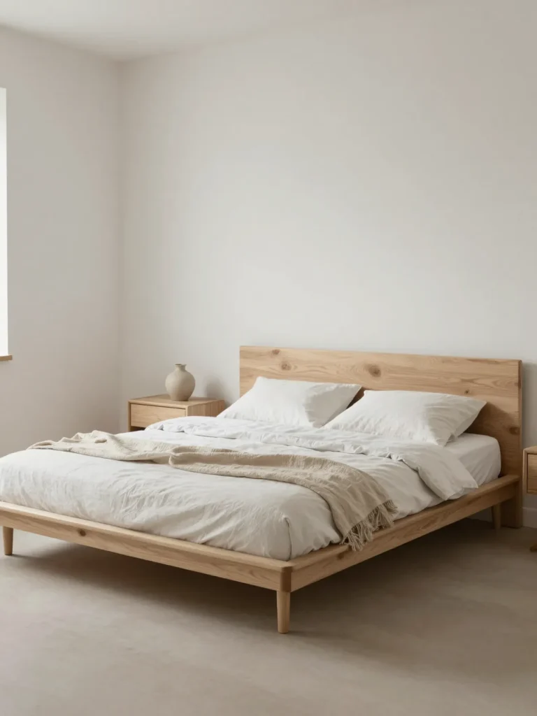 Calm Japandi bedroom with open space, minimal furniture, and soft natural light