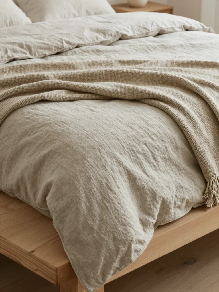 Natural textures and linen bedding adding warmth to a Japandi bedroom