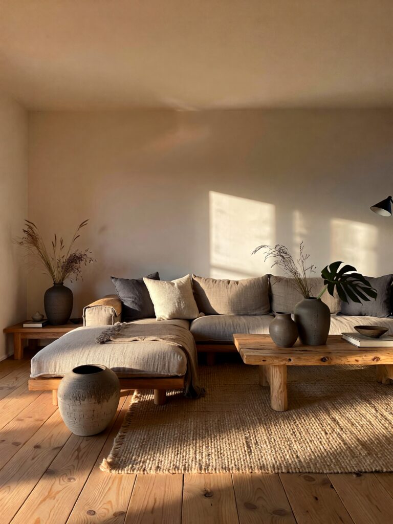 Soft natural lighting in a calm Japandi living room