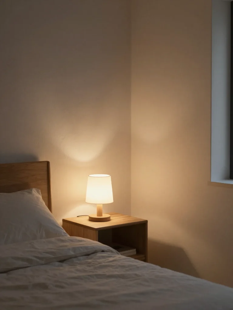 Soft warm lighting creating a restful Japandi bedroom atmosphere at night