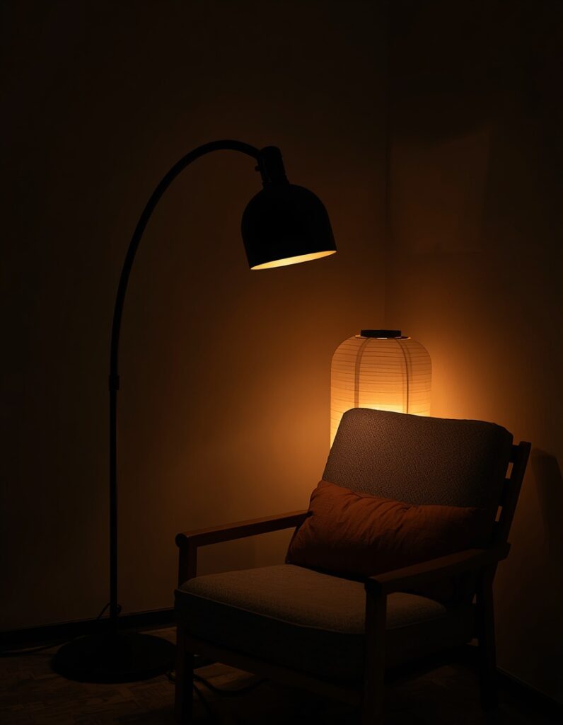 An atmospheric dusk photograph of a Japandi living room corner illuminated only by a warm 2700K matte black floor lamp and a rice paper lantern.