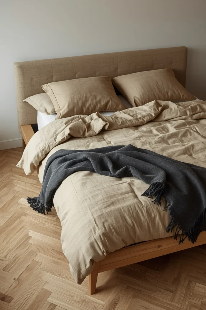 A Japandi low-profile platform bed in matte white oak with a linen upholstered headboard in warm oat, oversized stonewashed linen bedding, two euro shams flat against the headboard, and one charcoal merino throw across the lower third with clear floor on each side