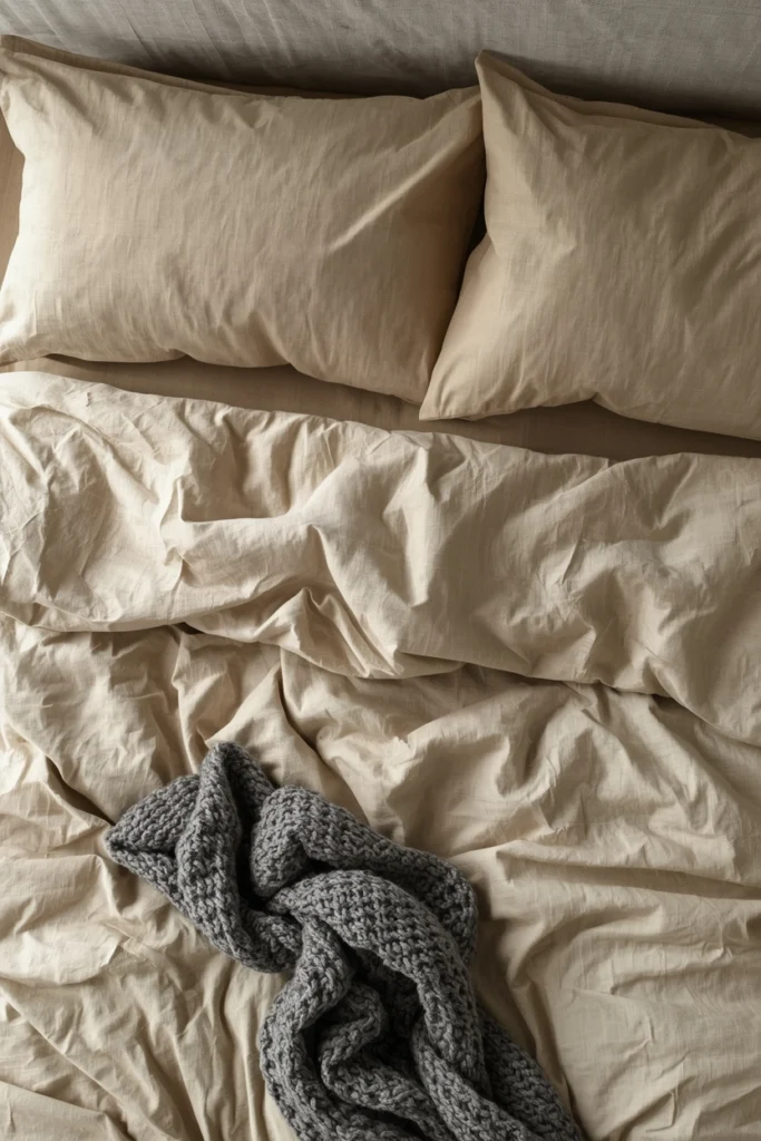 The complete Japandi bedding system — stonewashed linen fitted sheet and oversized duvet in warm flax with natural creases, two flat euro shams against the linen headboard, and one chunky charcoal merino throw across the lower third