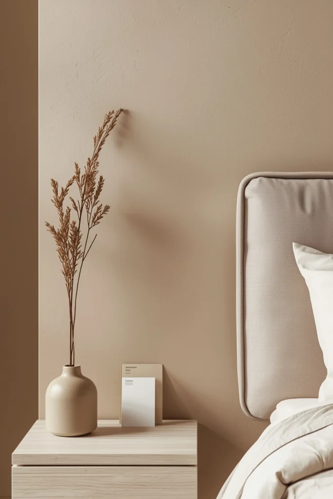 A Japandi bedroom color detail showing warm greige limewash wall harmonizing with an oat linen headboard and white oak nightstand, with paint swatches of warm white and greige demonstrating their shared warm undertone