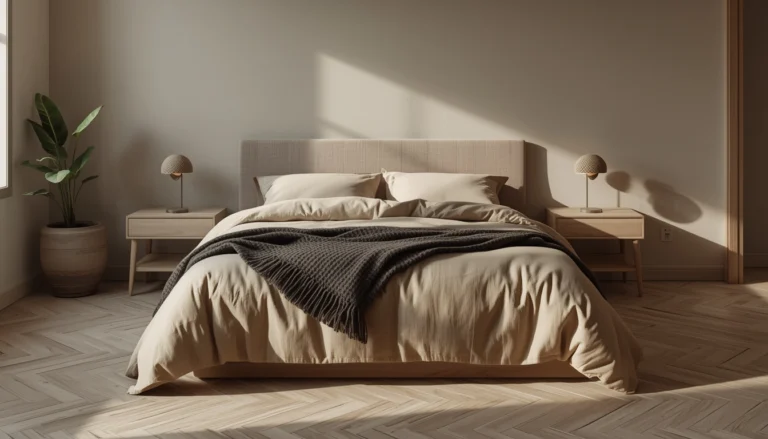 A complete Japandi bedroom with a low-profile white oak platform bed, naturally rumpled stonewashed linen bedding, a chunky charcoal merino throw, wall-mounted ceramic lamps, warm greige limewash walls, and a snake plant in a matte stone pot