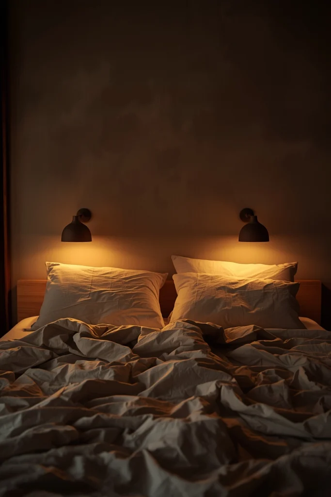 A Japandi bedroom at evening lit only by two handmade ceramic table lamps at 2700K positioned at shoulder height on wall-mounted nightstands with the overhead light off, creating warm overlapping pools of reading light across the linen bedding