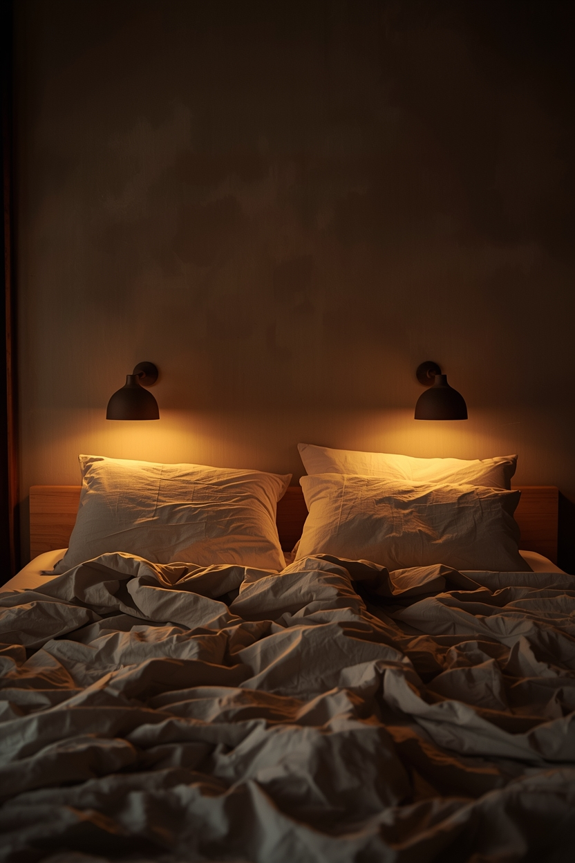 japandi-bedroom-lighting-2700k-bedside-lamps-overhead-off A Japandi bedroom at evening lit only by two handmade ceramic table lamps at 2700K positioned at shoulder height on wall-mounted nightstands with the overhead light off, creating warm overlapping pools of reading light across the linen bedding