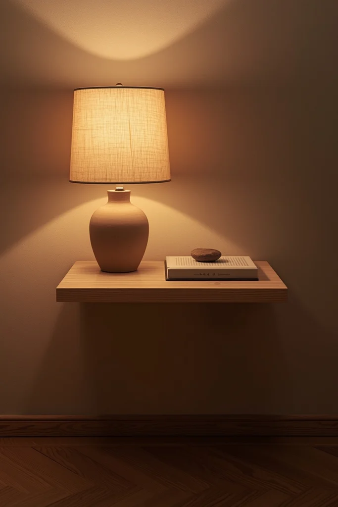 A Japandi wall-mounted white oak nightstand with exactly three items — a handmade ceramic lamp with linen shade at 2700K, one closed linen-covered book, and one smooth river stone — floor completely clear beneath