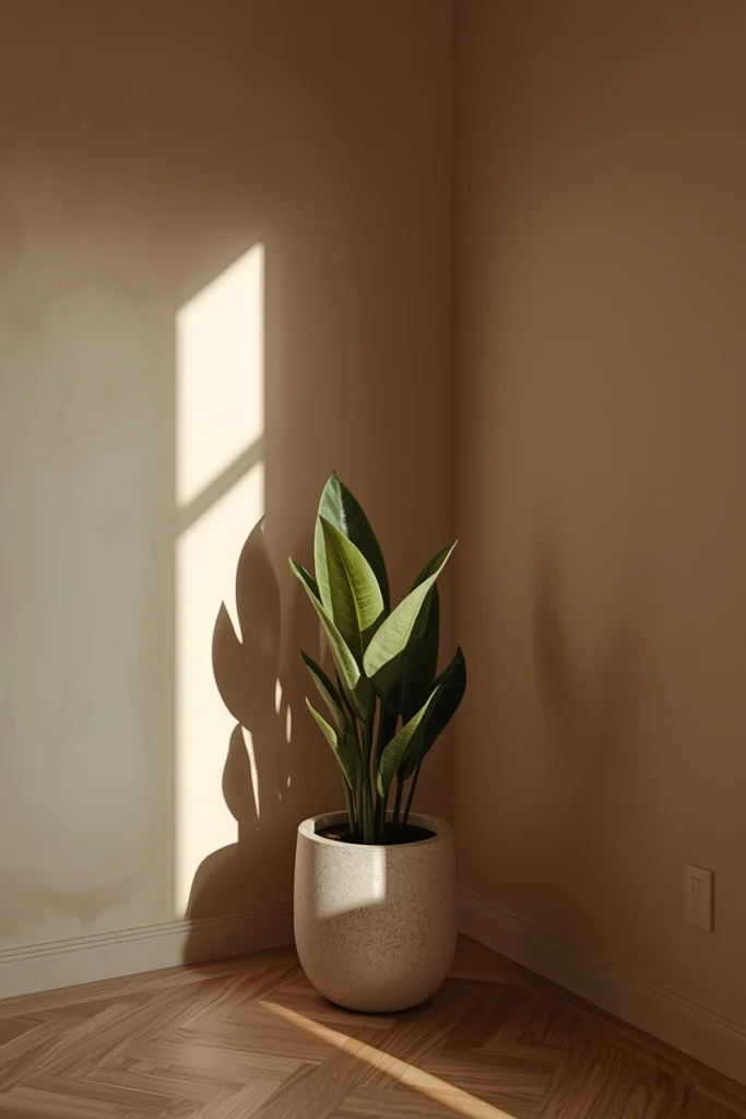 A large established snake plant in a raw matte stone handmade ceramic pot in a Japandi bedroom corner where two warm greige limewash walls meet, with morning window light casting an architectural shadow across the leaves