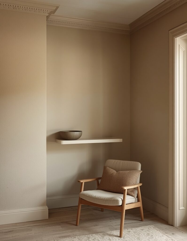 A focused shot of a cozy living room corner demonstrating the color drenching technique, where walls and trim are painted in the same warm greige shade.