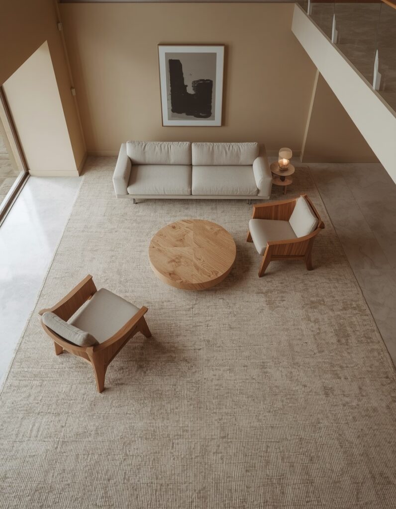 An overhead view of an open-plan Japandi living room showing a linen sofa and accent chairs floating away from the walls, anchored by a large rug.