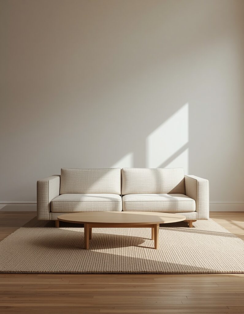 A photograph of a low-profile linen sofa and raw oak coffee table, demonstrating the grounded proportions typical of Japandi living room furniture.