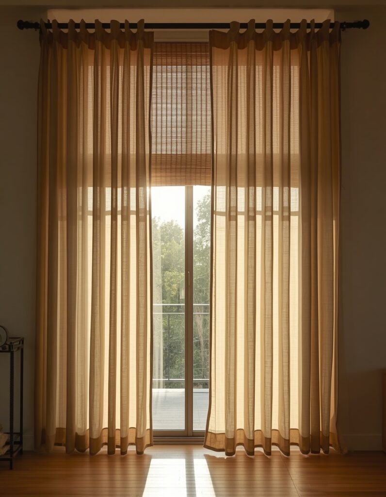 Floor-to-ceiling sheer linen curtains hanging from a matte black ceiling-mounted rod in a sunlit Japandi living room.