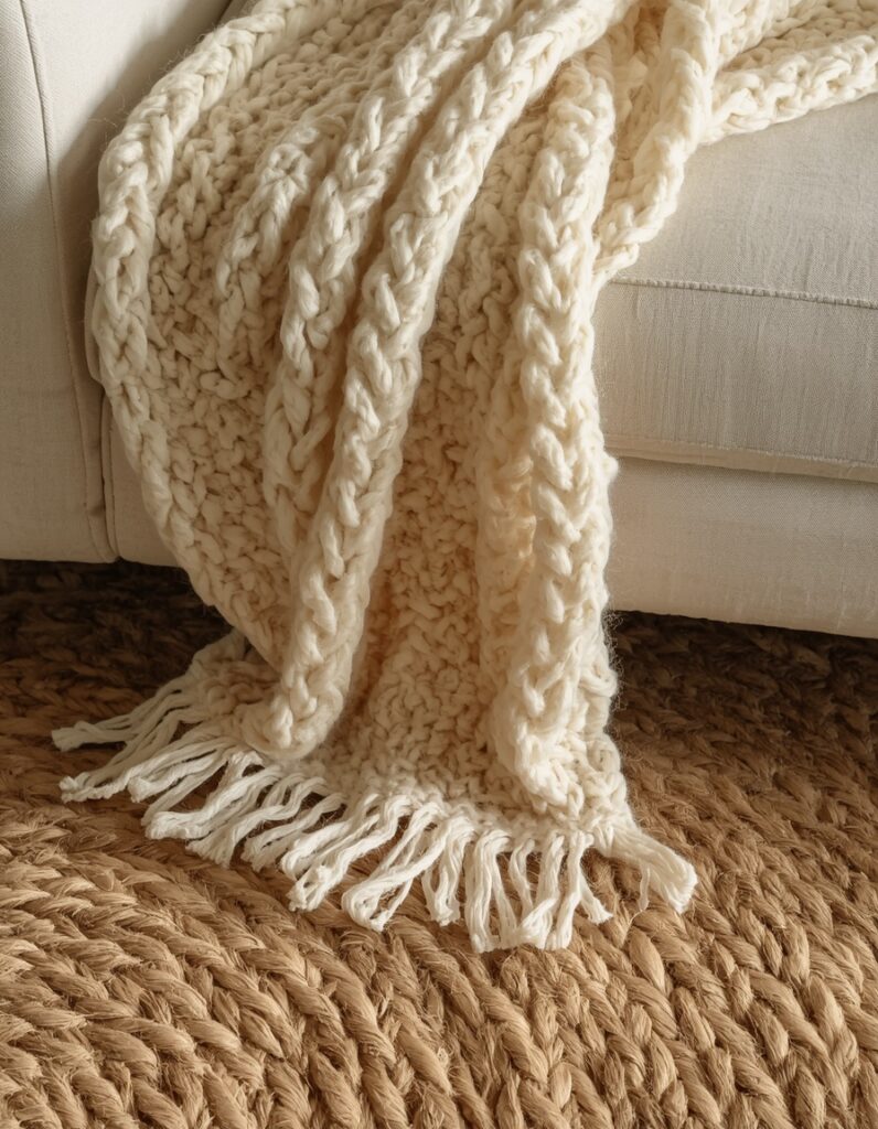 A close-up shot of textures featuring a chunky merino wool throw blanket draped over a sofa, with a woven jute rug visible underneath.