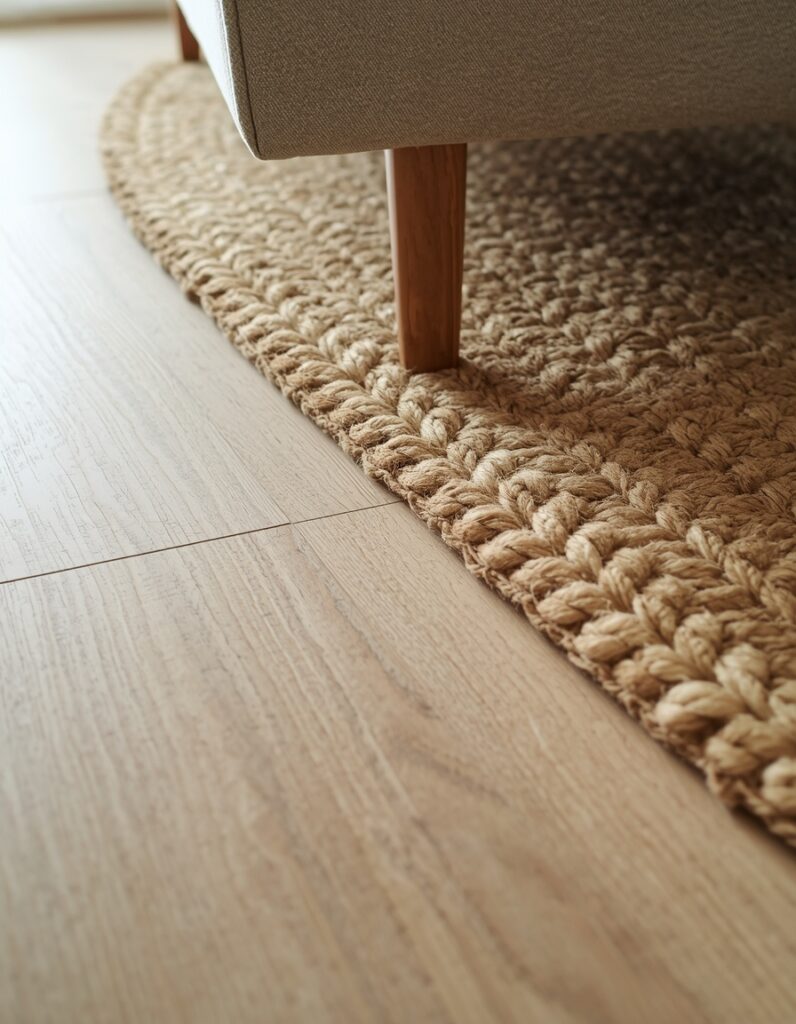 A close-up of matte wide-plank white oak flooring meeting a thick natural jute and wool area rug in a minimalist living room.