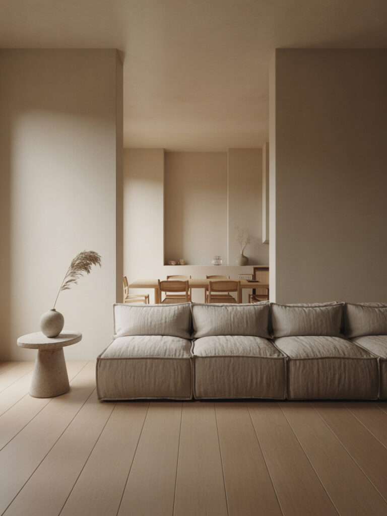 Minimal Japandi living room with open space and natural materials