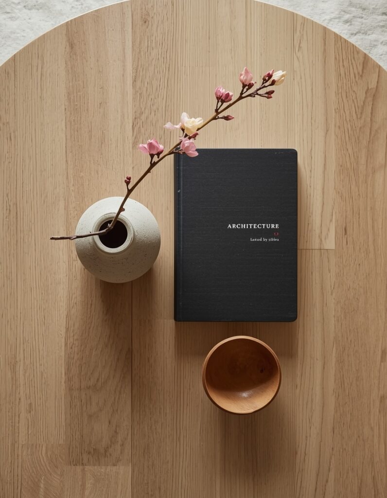 A minimalist flat lay photograph on a round oak coffee table featuring exactly three items: a raw ceramic vase with a branch, a book, and a wooden bowl.