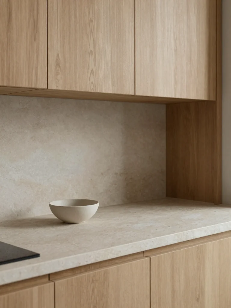 Close-up of Japandi kitchen materials featuring natural wood cabinets and stone surfaces