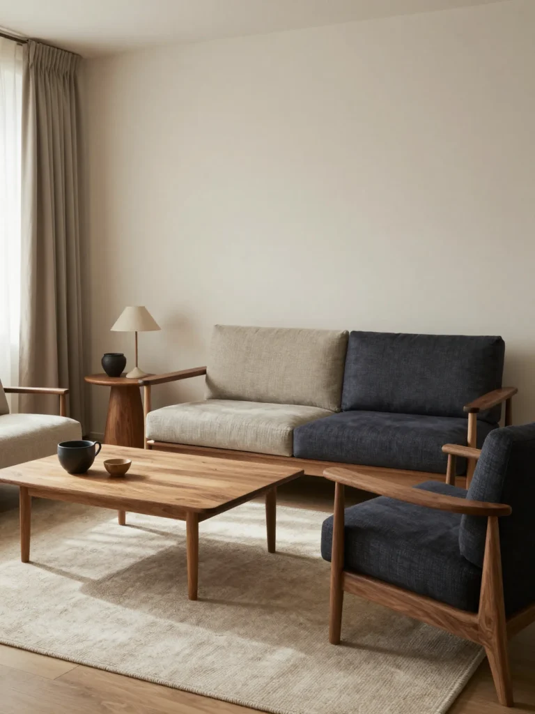 Cohesive Japandi living room color palette with warm neutrals and natural textures