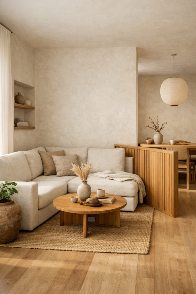 Corner Japandi living room layout with subtle room divider
