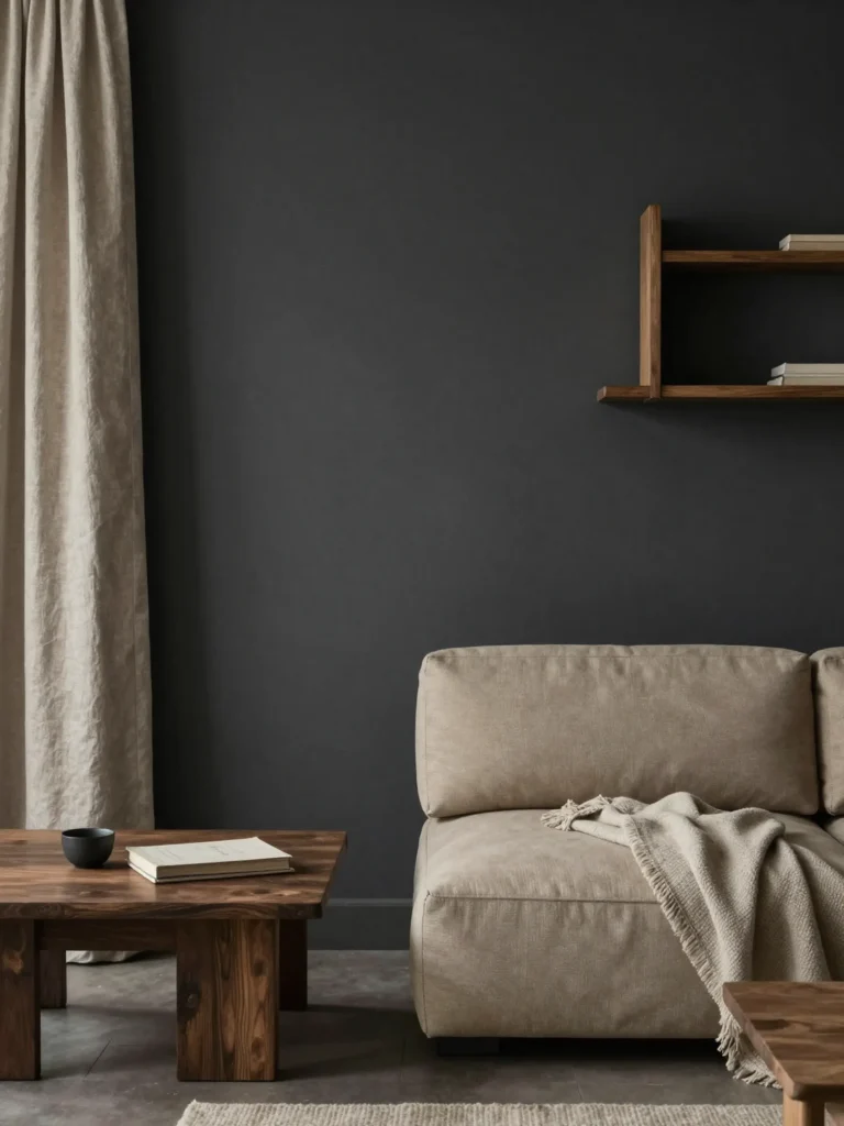 Dark Japandi color palette with charcoal walls, beige textiles, and natural wood