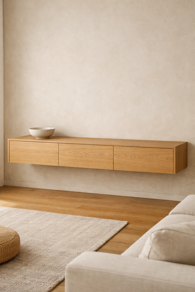 Floating wooden Japandi storage cabinet with handleless design
