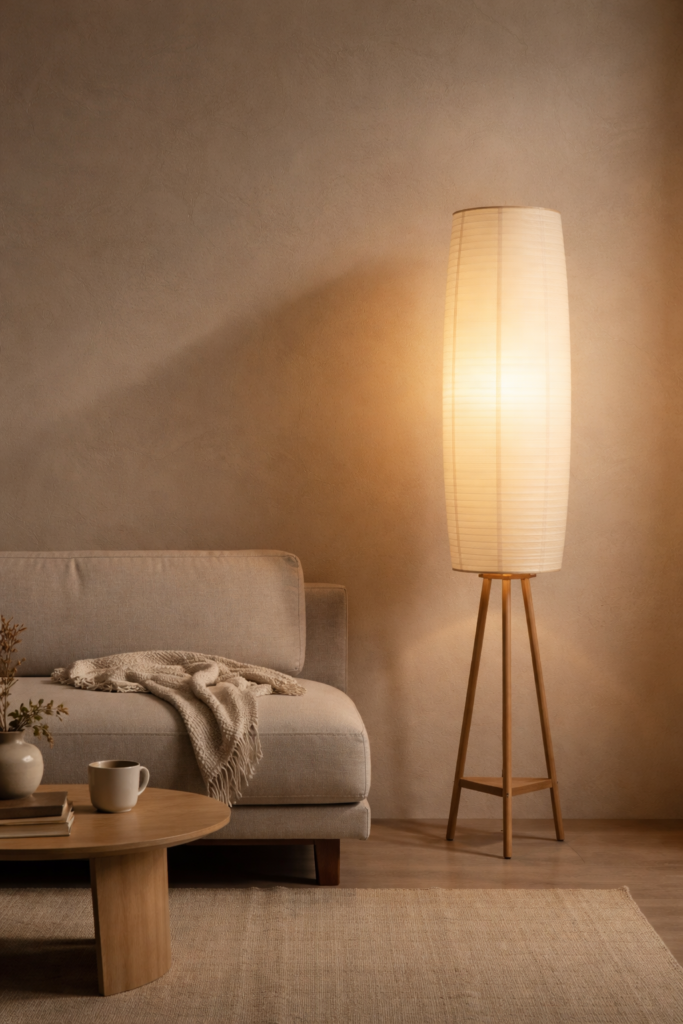 Japandi floor lamp with wooden base and soft diffused lighting