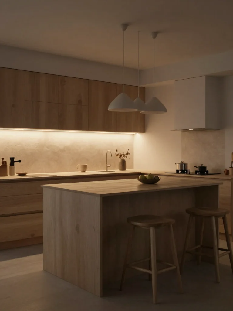 Japandi kitchen lighting with warm pendant lights and soft evening ambiance