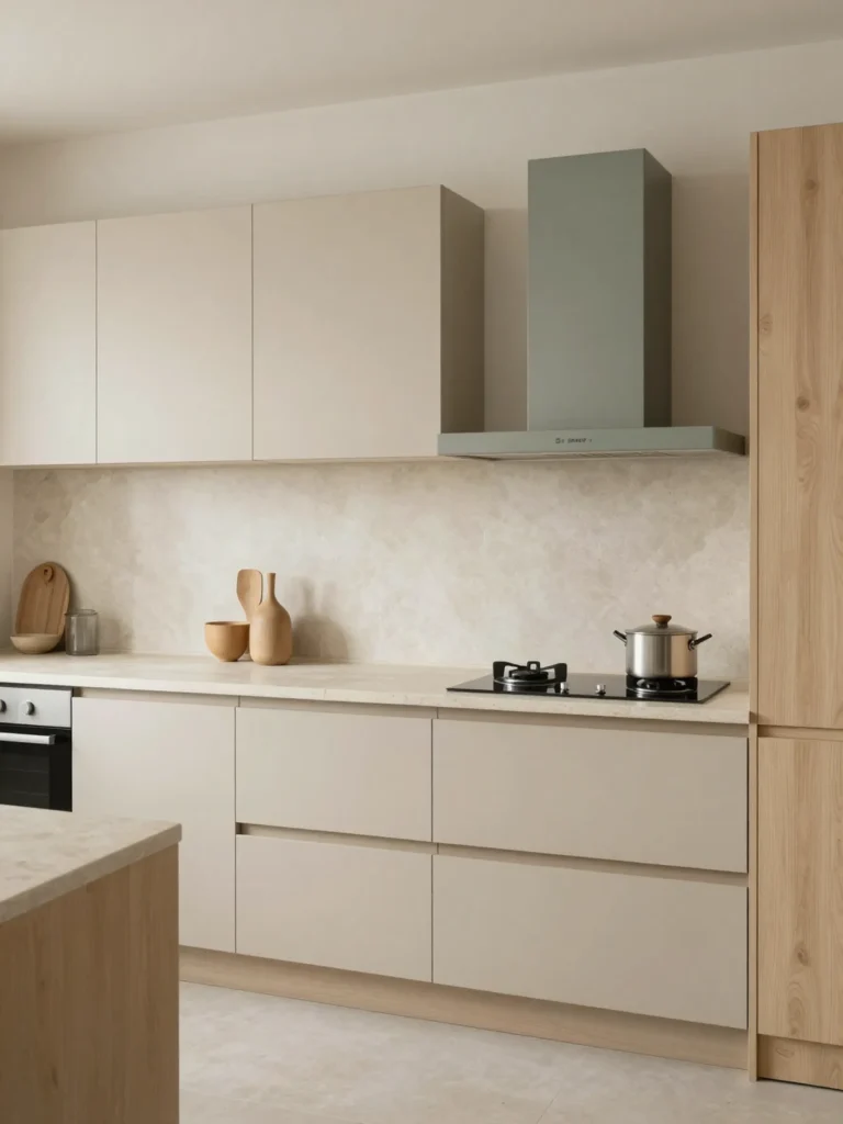 Japandi kitchen lighting with warm pendant lights and soft evening ambiance