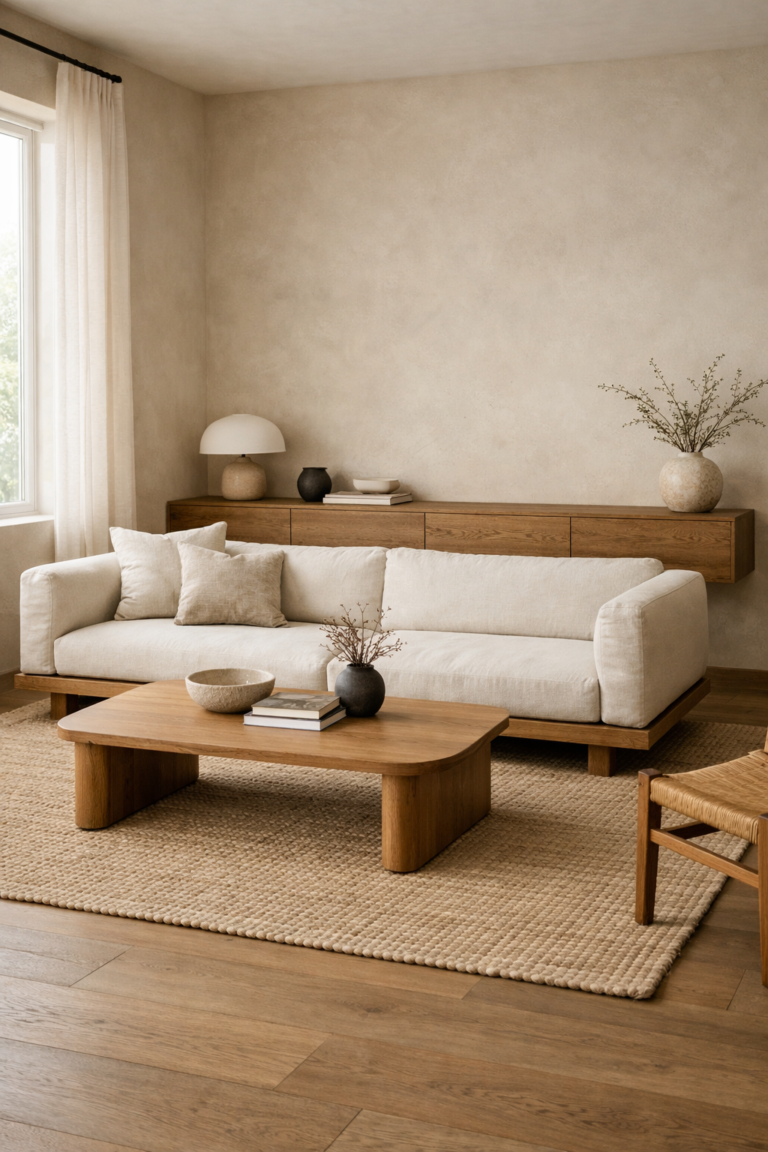 Japandi living room furniture featuring low linen sofa, wood coffee table, and floating storage console