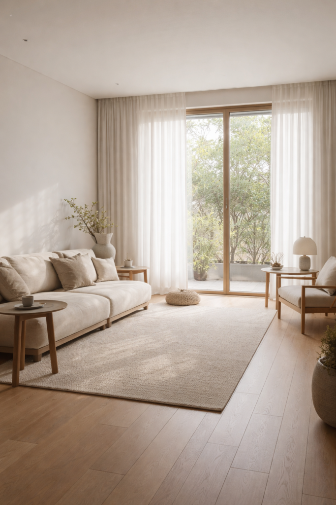 Japandi living room layout facing window with minimal coffee table