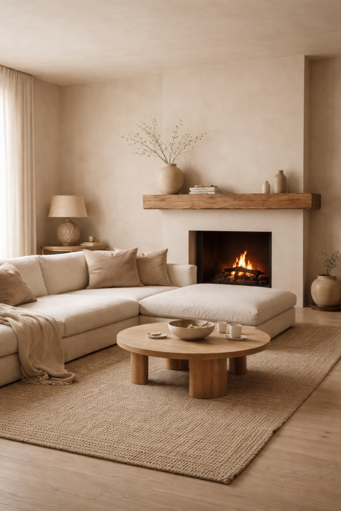 Japandi living room layout with L-shaped sectional and fireplace focal point
