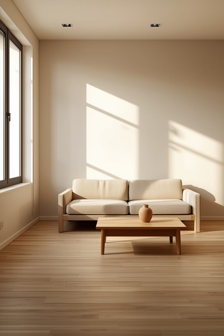 Japandi living room layout with centered low sofa and warm neutral interior styling