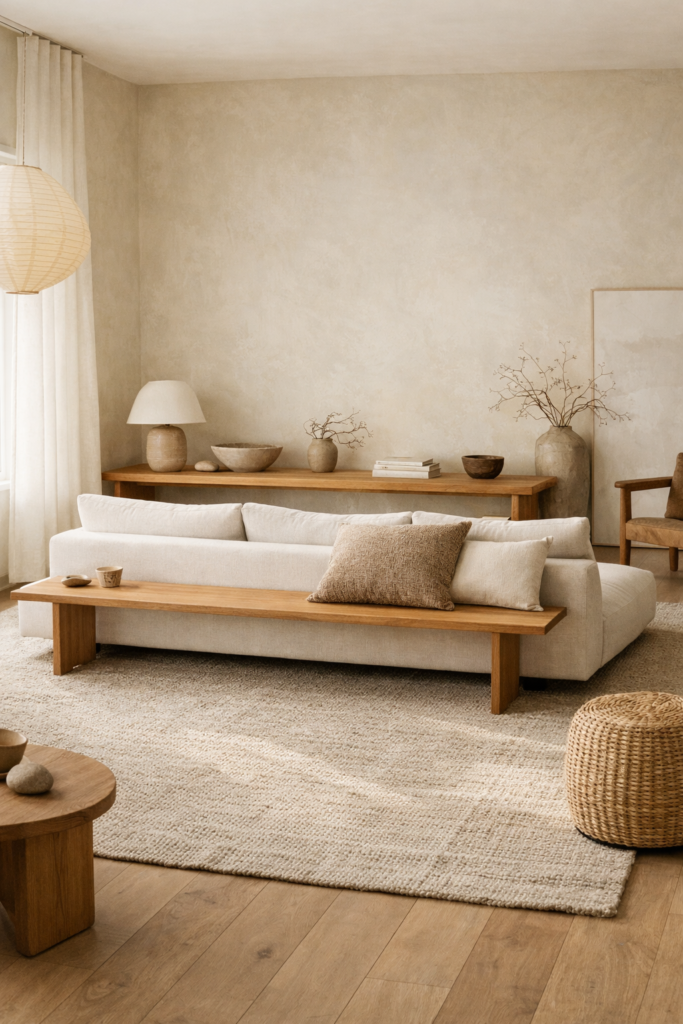 Japandi living room layout with floating sofa and open floor space