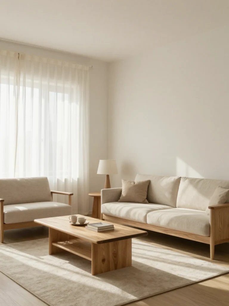 Japandi living room with warm neutral color palette and natural wood tones