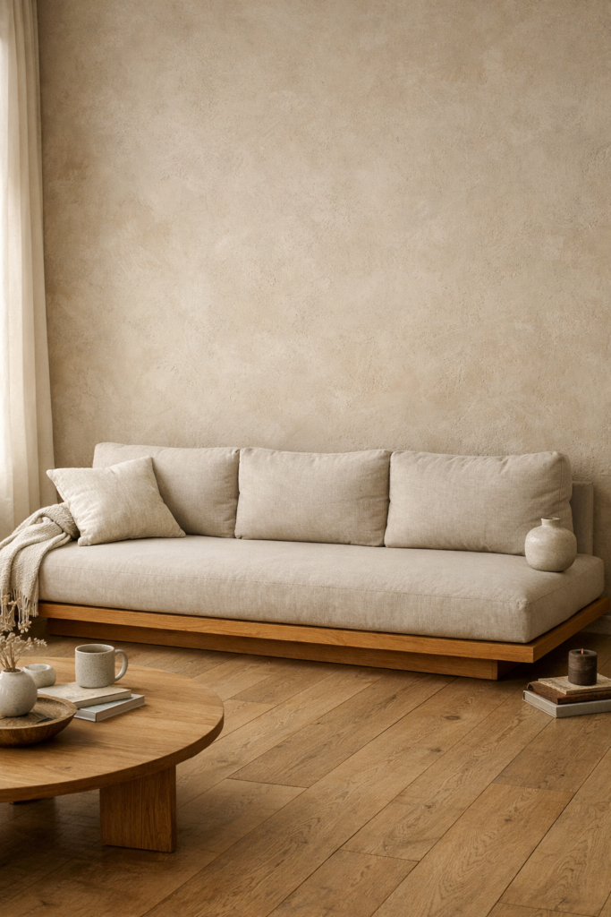 Low profile Japandi linen sofa with wooden base in minimal living room