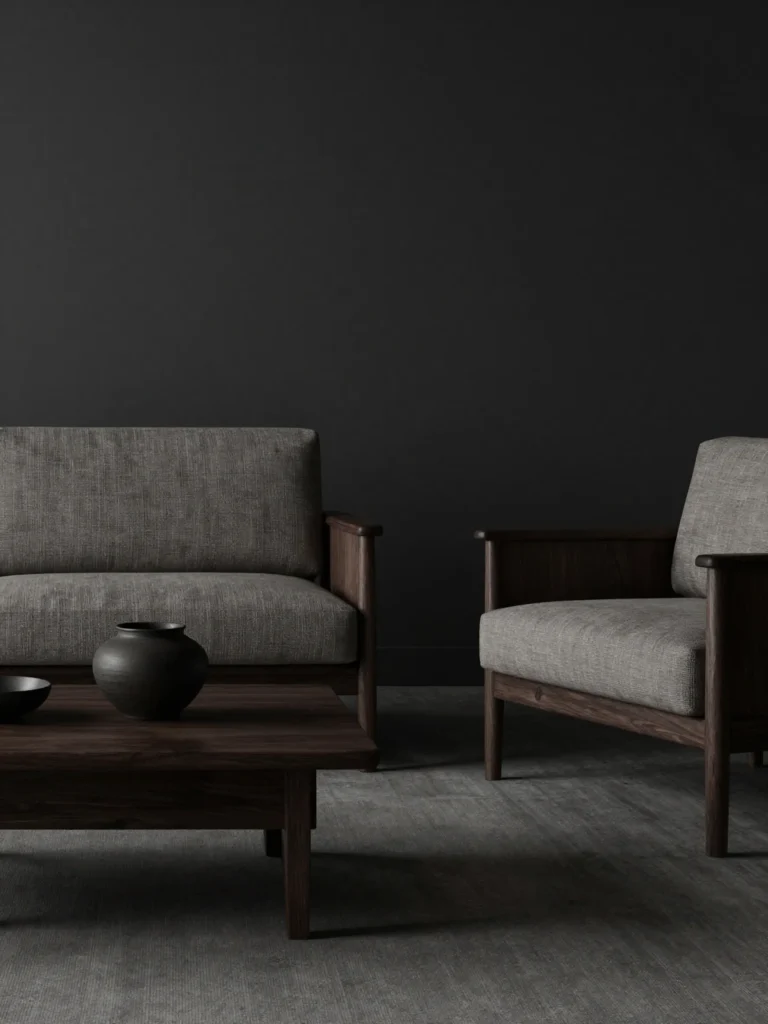 Low-profile furniture grounding a dark Japandi living room
