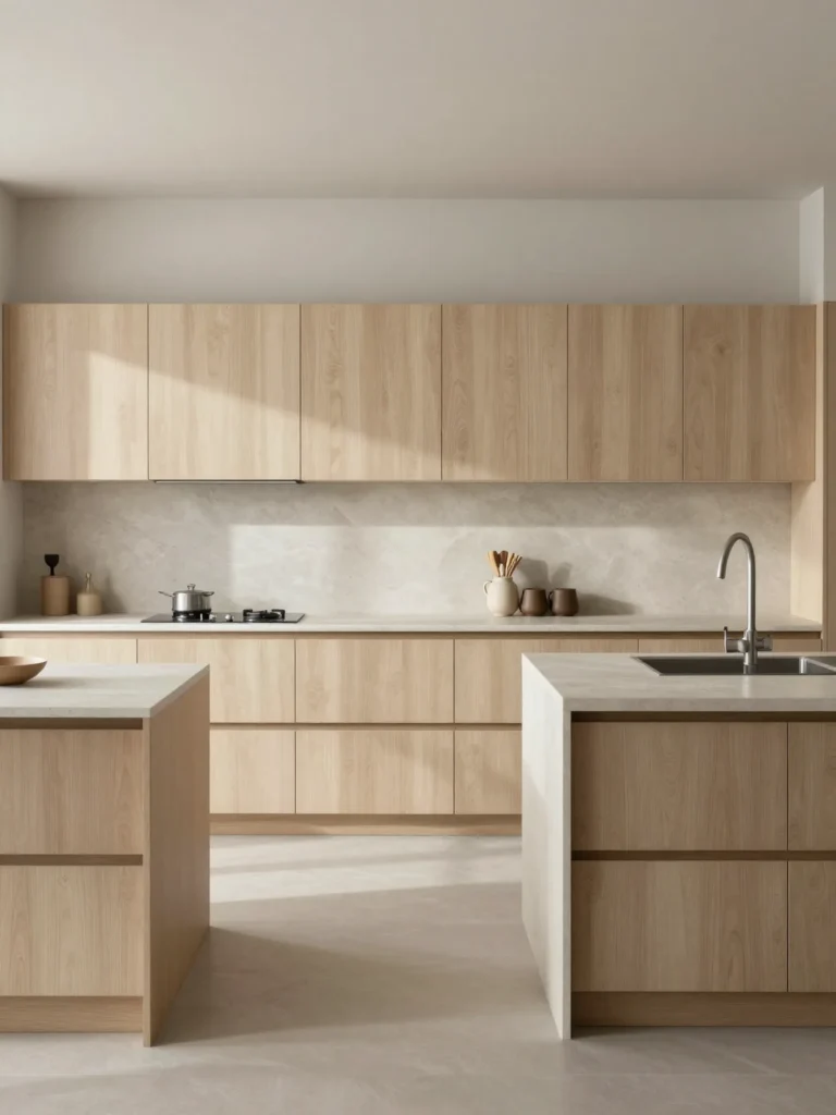 Minimal Japandi kitchen layout with handle-less cabinets and uncluttered countertops