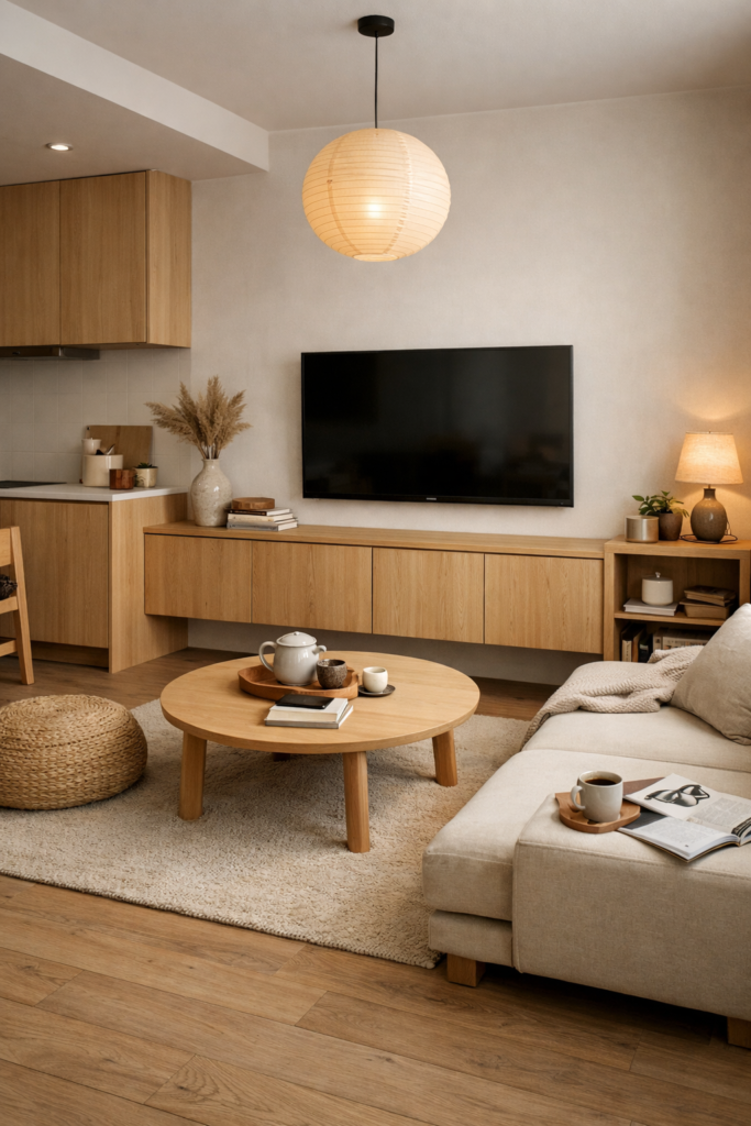 Small Japandi living room layout with minimal TV wall and open floor flow