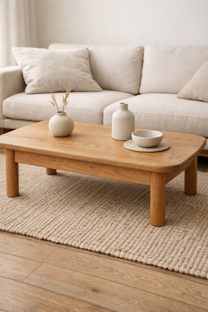 Solid oak Japandi coffee table with rounded minimalist design