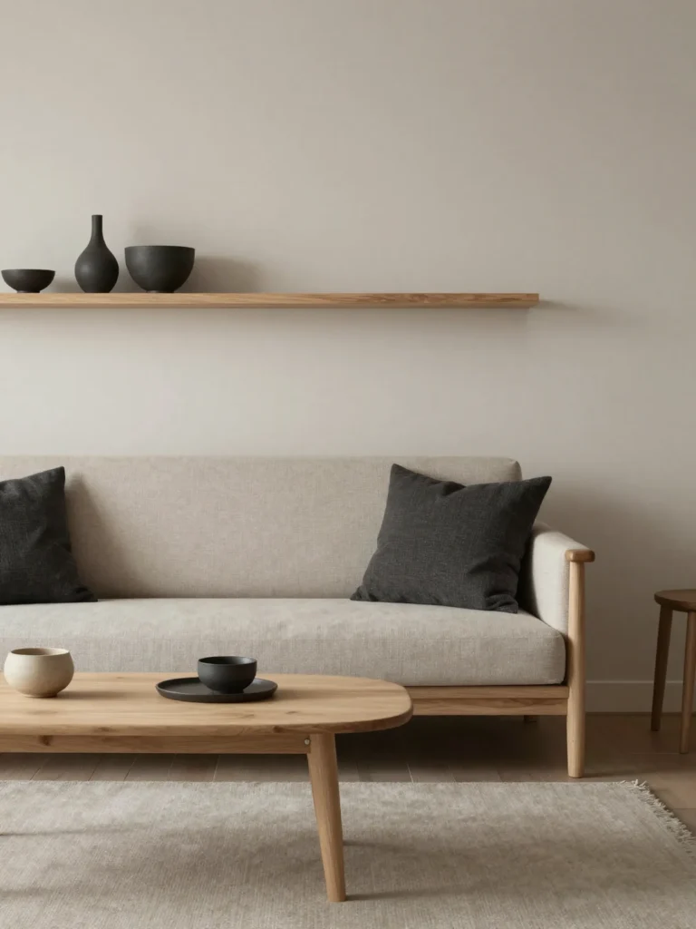 Subtle dark accents grounding a Japandi living room color palette