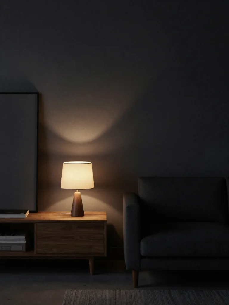 Warm lighting creating a calm evening atmosphere in a dark Japandi living room