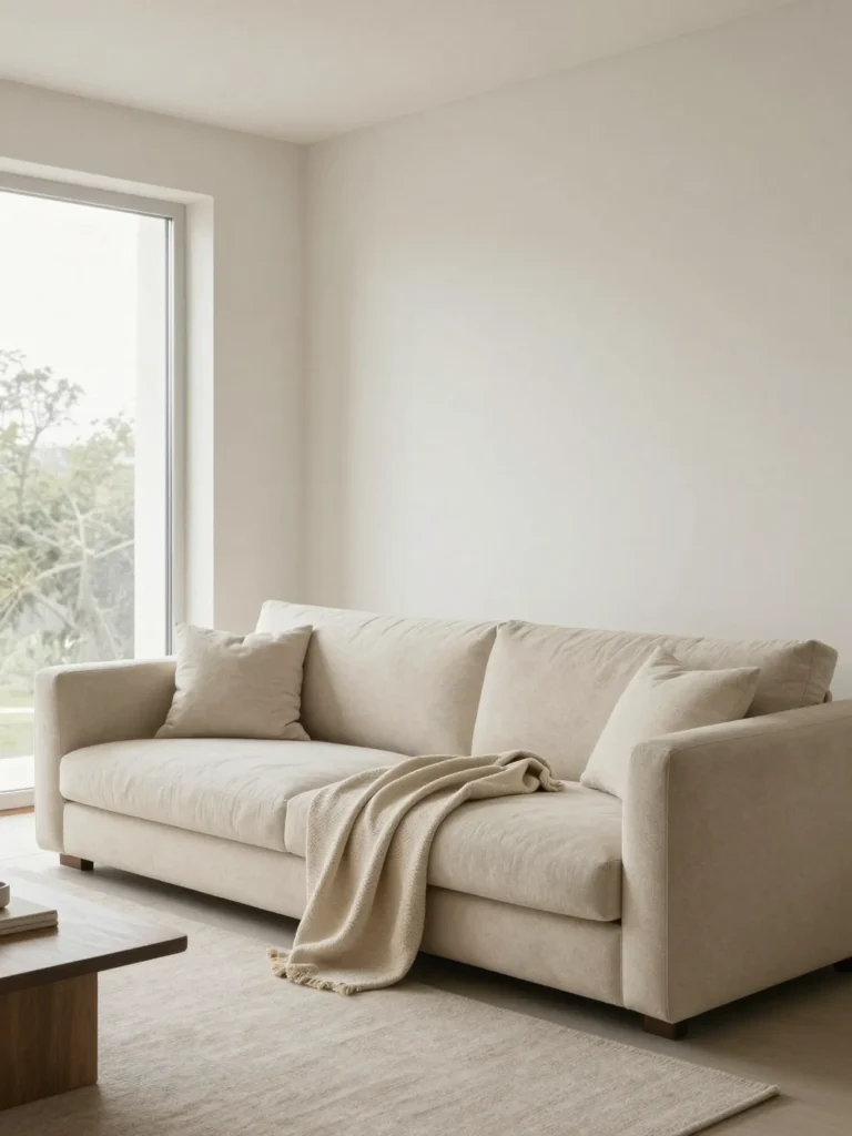 Warm neutral base colors in a Japandi living room with off-white and beige tones