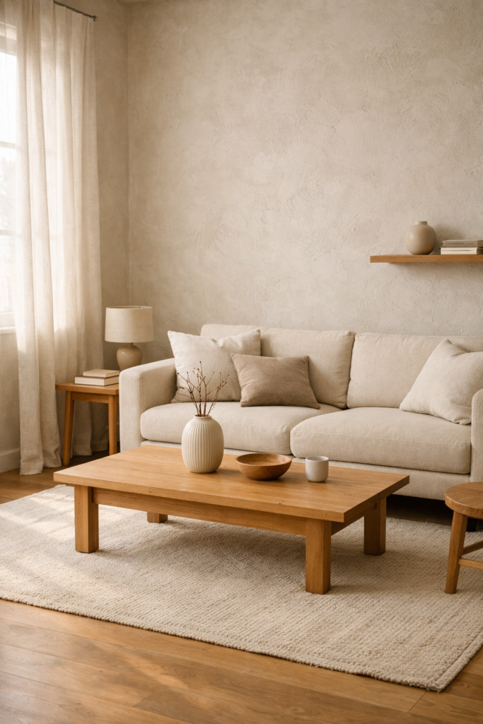 calm small japandi living room with neutral tones and natural light