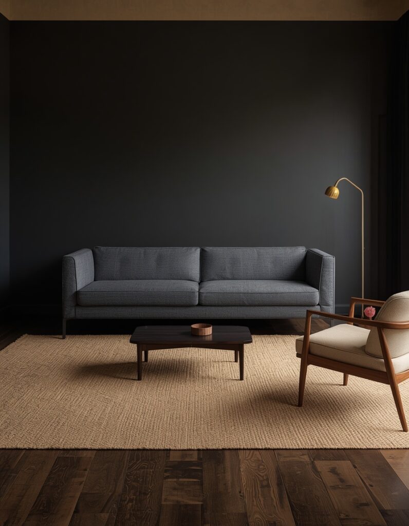 A Dark Japandi living room furniture arrangement showing the floating sofa principle — a low-profile charcoal bouclé sofa pulled inward and anchored on a natural jute rug with 36 inches of dark floor visible between the sofa back and the charcoal limewash wall, an asymmetrical dark walnut coffee table at center, and one warm oat linen armchair as the single contrast element