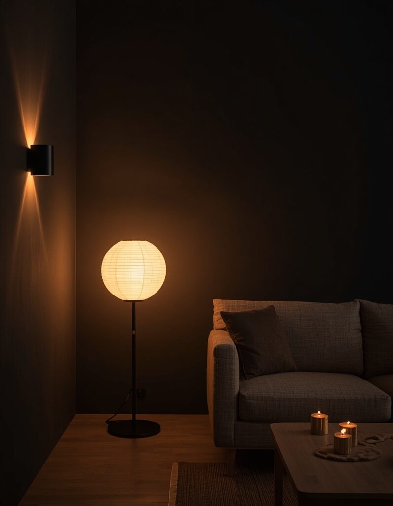 A Dark Japandi living room at dusk showing all four light sources active simultaneously with no overhead light — a Noguchi rice paper floor lamp glowing 2700K in the corner, a matte black arc floor lamp behind the sofa, three beeswax candles at 1800K on the coffee table, and a wall sconce revealing limewash texture, the dark walls receding into rich shadow between the warm pools