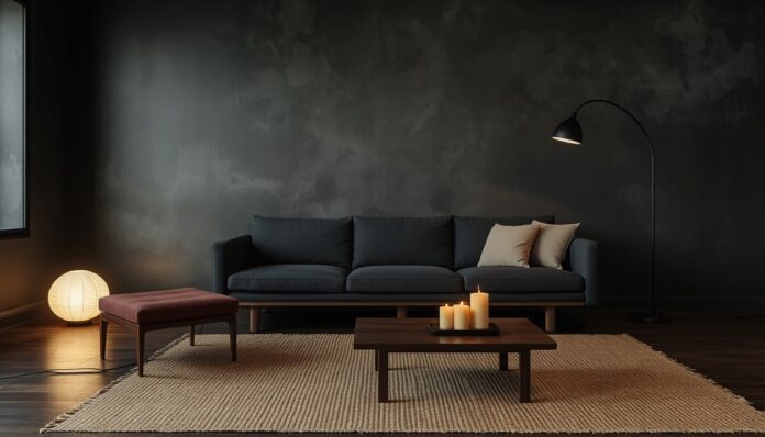 dark-japandi-living-room-2026-guide-hero A complete Dark Japandi living room with deep charcoal limewash walls, a low-profile dark walnut platform sofa in charcoal bouclé, a single oat linen armchair as contrast, a Noguchi rice paper floor lamp glowing 2700K, beeswax candles on a dark walnut coffee table, and a matte black arc floor lamp — zero overhead light active