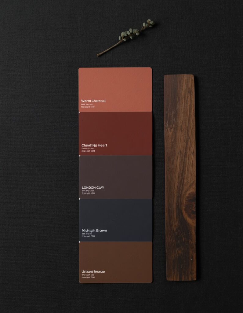 A Dark Japandi paint palette flat lay on raw dark linen showing five warm dark paint chips from top to bottom — warm charcoal, brown-toned charcoal, rich deep brown, near-black with olive undertone, and warm bronze-brown — arranged beside a piece of dark walnut wood showing how all five warm undertones harmonize with the timber